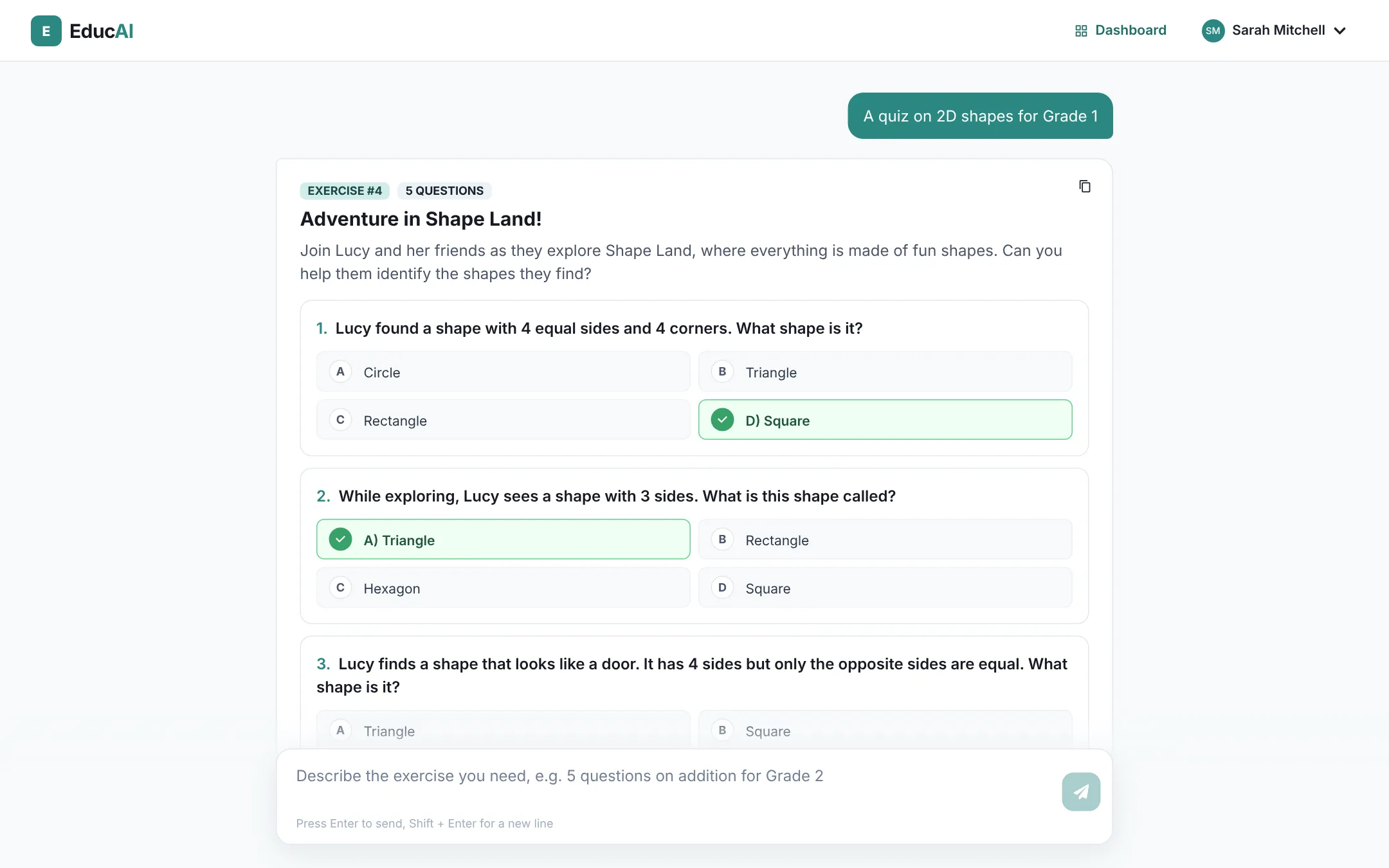 EducAI exercise chat with a request and the generated quiz, correct answers marked